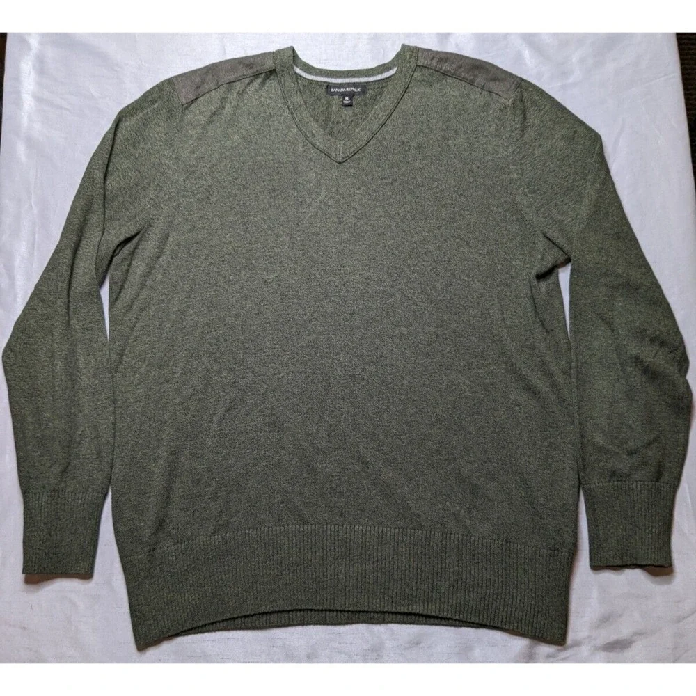 BANANA REPUBLIC Men Large Green Heather‎ Cotton V-Neck Military Sweater EUC